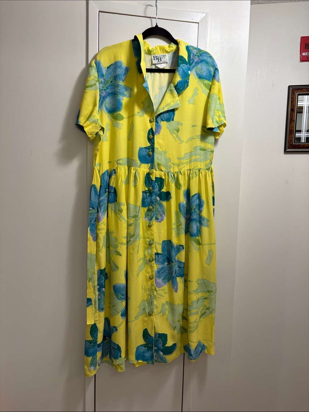 Bantry Bay Bright Yellow Floral Button-Front Dress with Blue Flowers